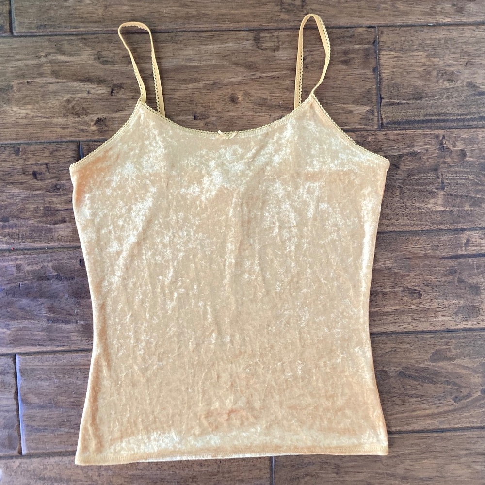 Y2K Velvet Gold Lace Trim Camisole Top Girls Large (11/13 ) With Bow